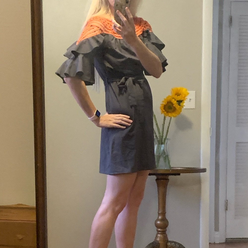 Off shoulder orange and grey midi